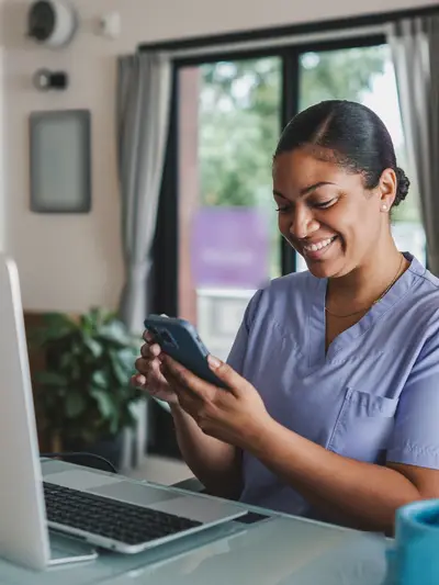 Dona de clínica conferindo a agenda no celular na recepção
